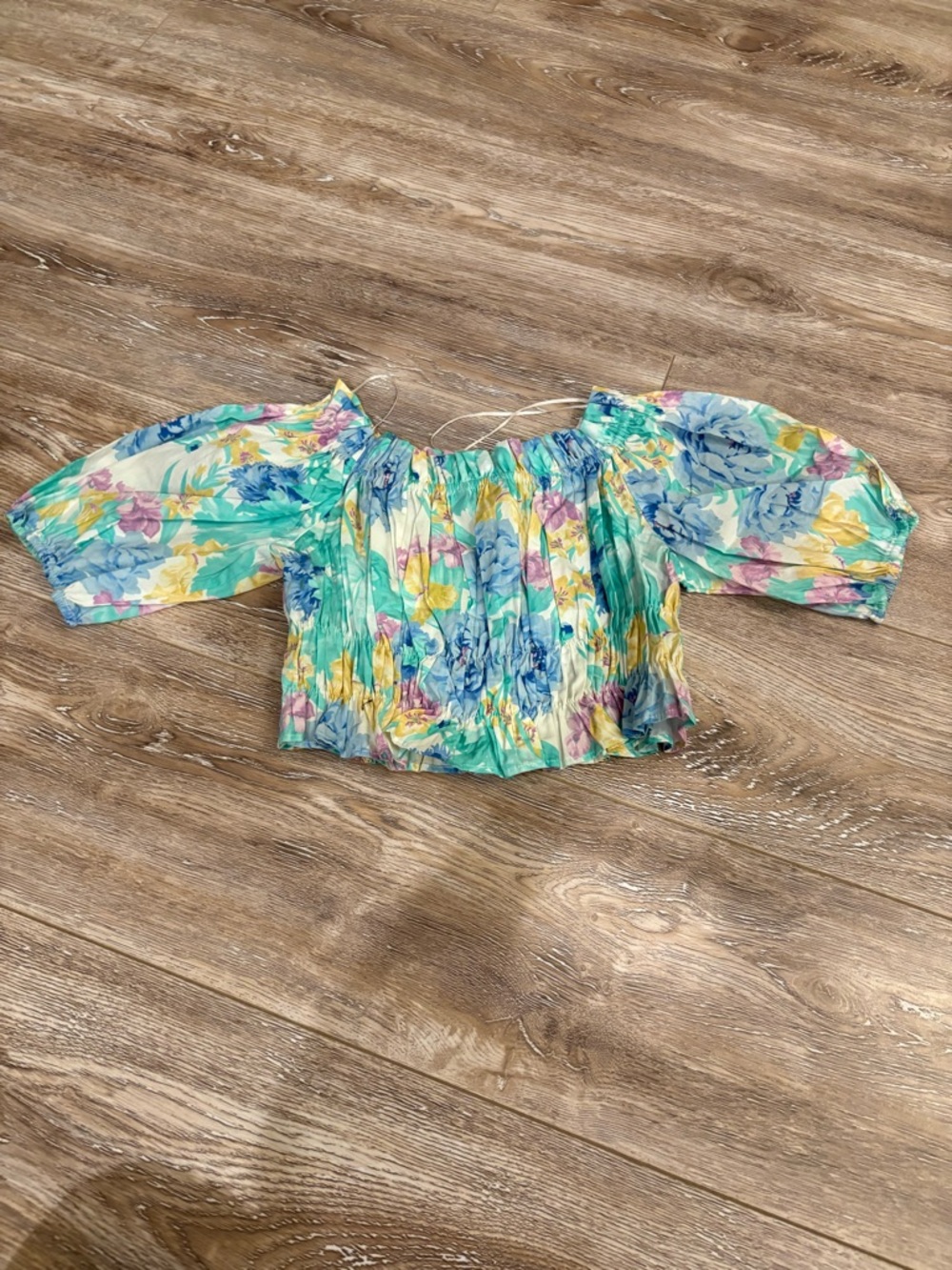 Zara Floral Off-Shoulder Crop Top - Blue, Green, Yellow, Pink